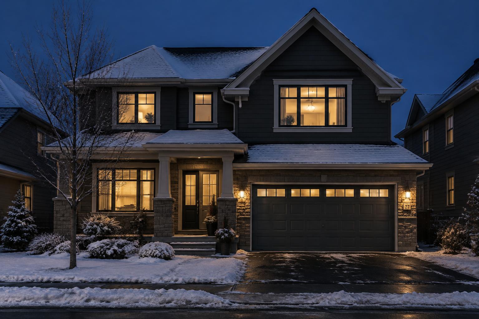 Home with permanent roofline lighting at night