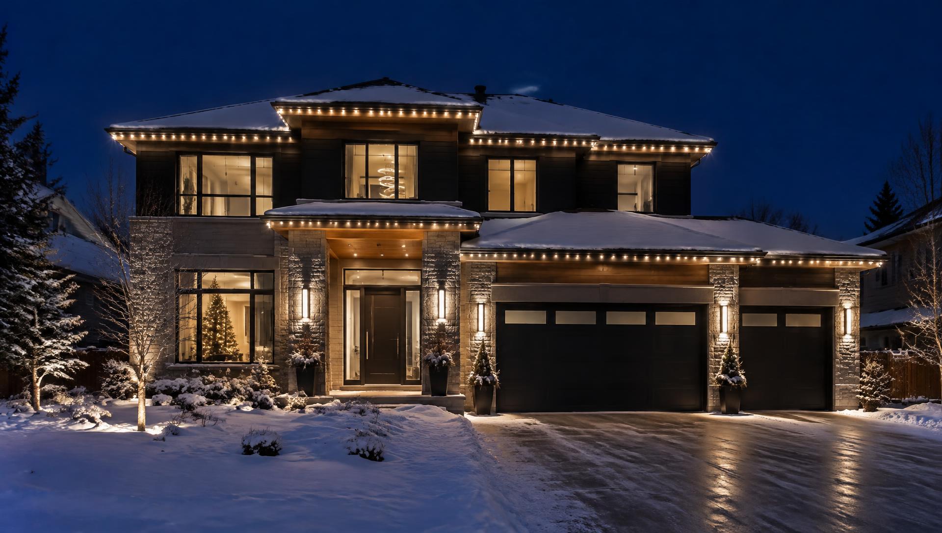 Ottawa home with permanent roofline lighting at night